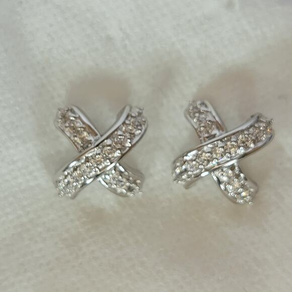 Sterling Silver CZ Earrings 1 Inch Criss Cross X Studs Sparkle Jewelry - Picture 4 of 10